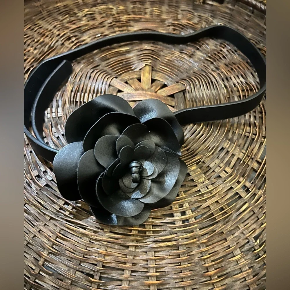 Black Floral Belt with Layered Petals